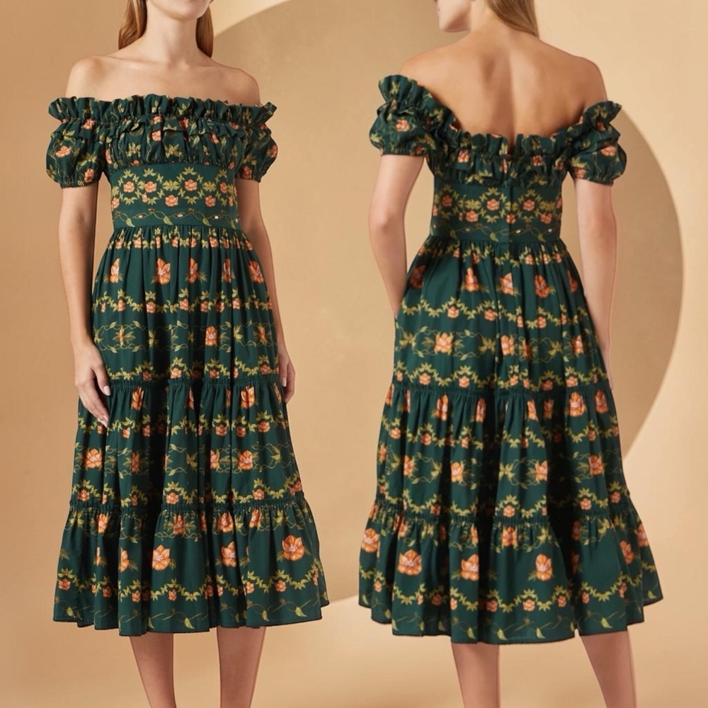Agua by Agua Bendita Banana Off Shoulder Floral Print Cotton Midi Dress Resort L